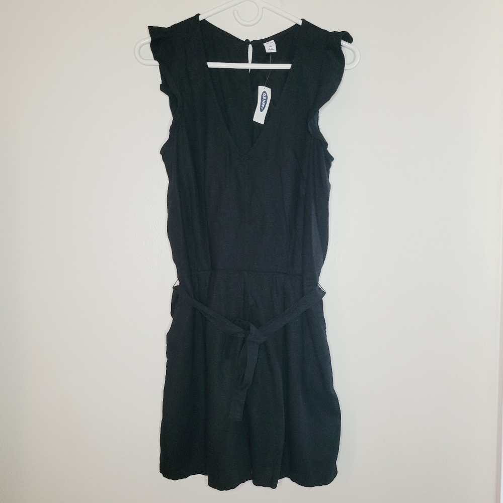 Old Navy Linen Size Tall Small Romper Women’s Black Flutter Sleeves Tie Waist